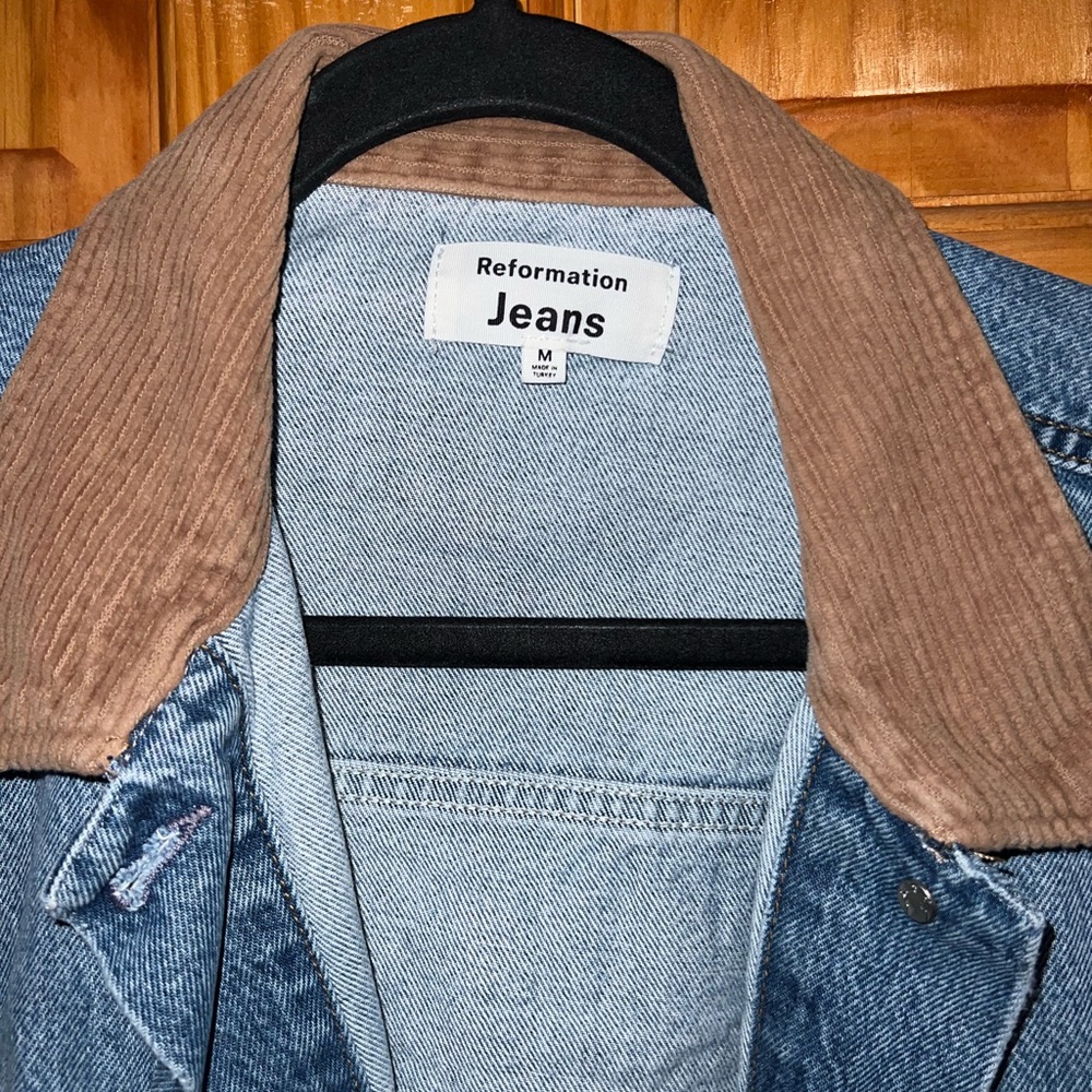 Reformation Blue Denim Jacket with Tan Corduroy Collar
